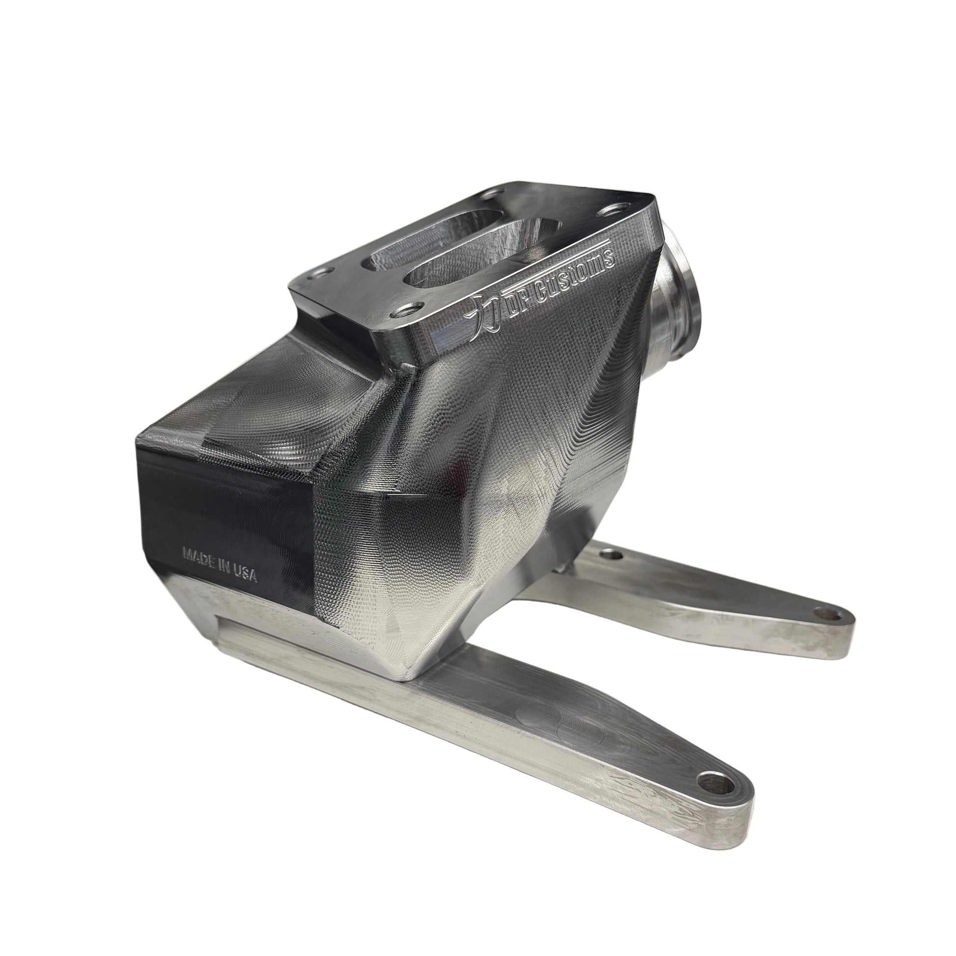 DP Customs L5P Duramax twisted billet T4 wastegate pedestal mounted on engine component with detailed machining.