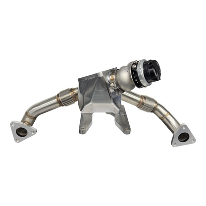 DP Customs L5P Duramax twisted billet T4 wastegate pedestal showing polished metal construction and mounting base.