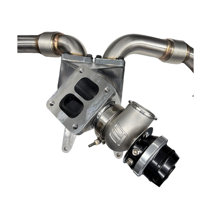 DP Customs L5P Duramax Twisted Billet T4 Wastegate Pedestal mounted on a turbocharger assembly with polished billet finish