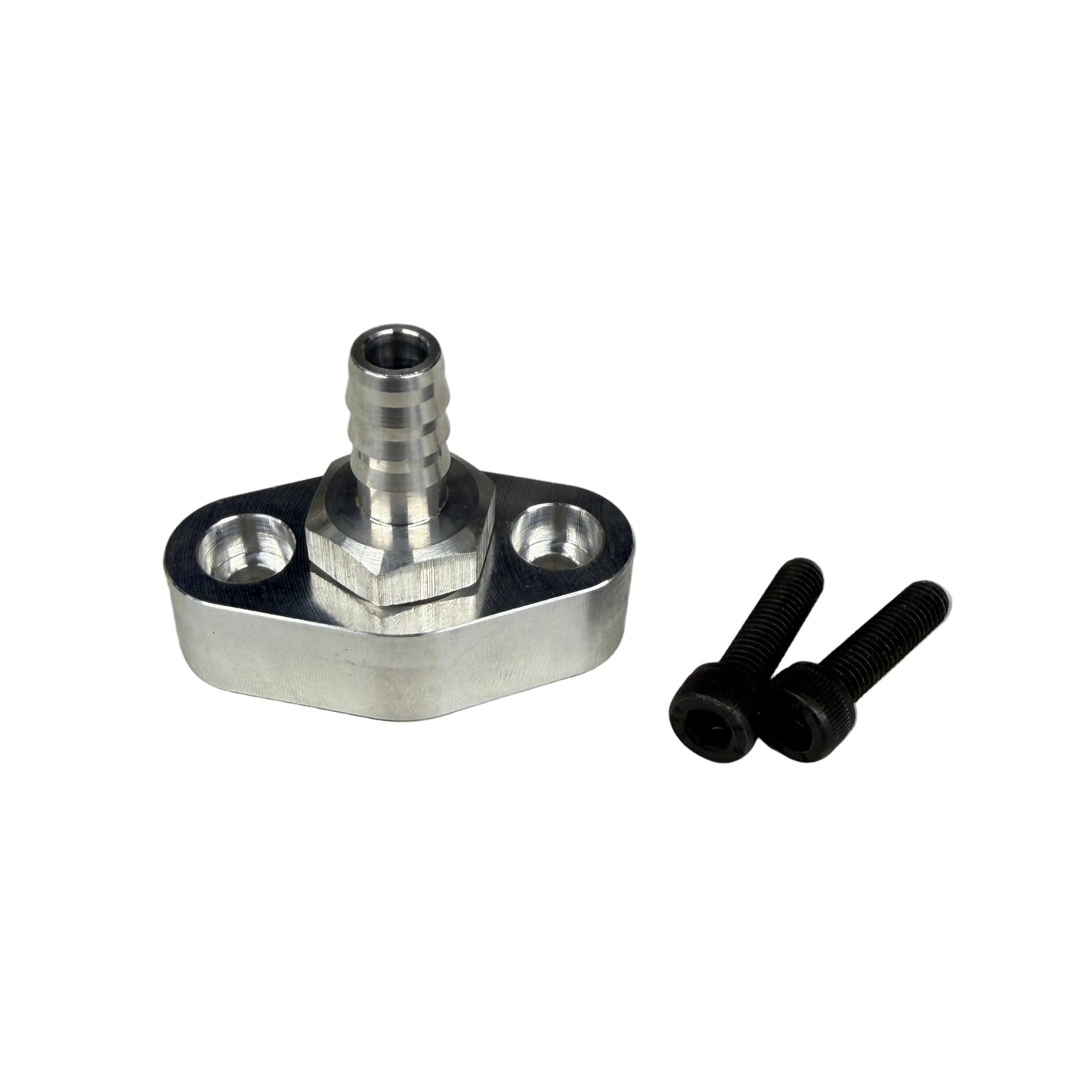 DP Customs L5P Duramax VGT coolant return adapter fitting installed on engine, showcasing durable metal construction and precise fit.
