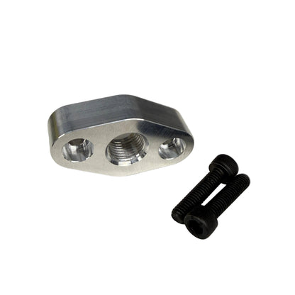 DP Customs L5P Duramax VGT coolant return adapter fitting installed on engine, showing durable metal construction and precise fit.