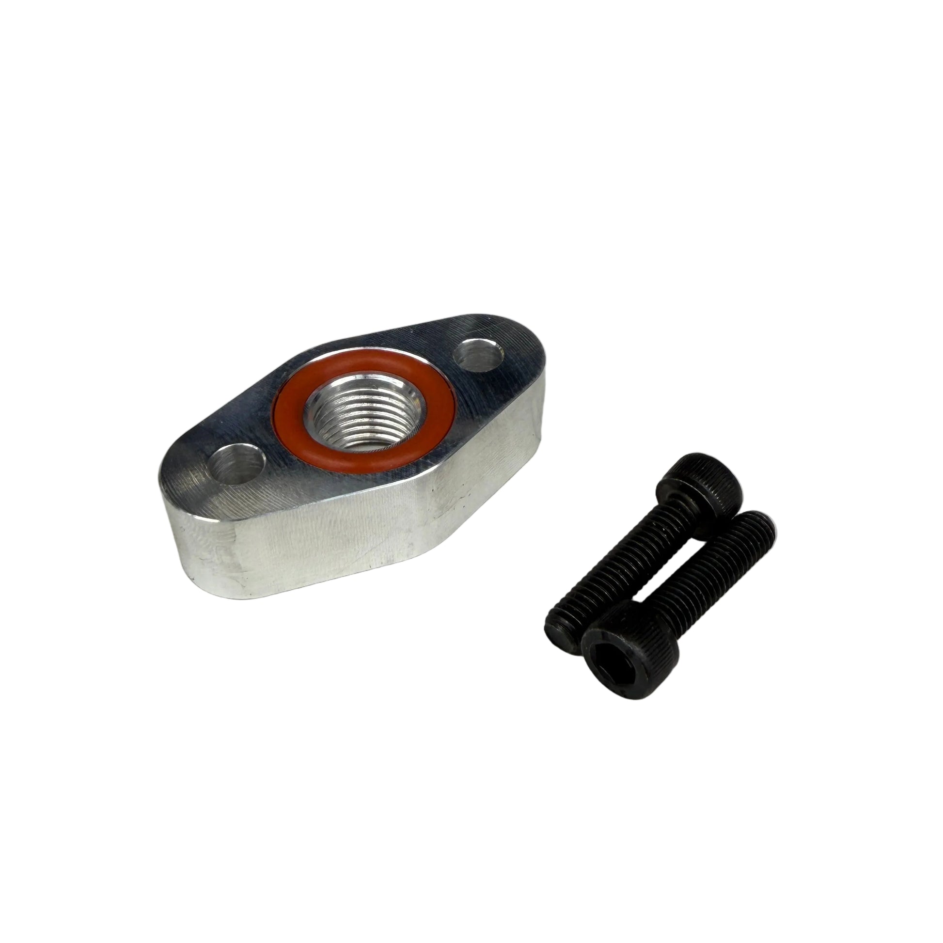DP Customs L5P Duramax VGT coolant return adapter fitting installed on engine, showing metal fitting with hoses attached.