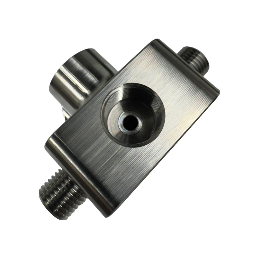 DP Customs LB7 fuel distribution block showing multiple ports and sturdy metal construction for efficient fuel management.