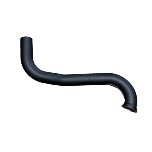 DP Customs wastegate exhaust pipe showing a sleek metal design with mounting brackets and precise welds for performance automotive use.