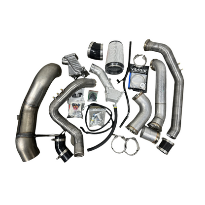 DP Customs DPC LLY Duramax S400 single turbo kit with turbocharger and piping for diesel engine upgrade.