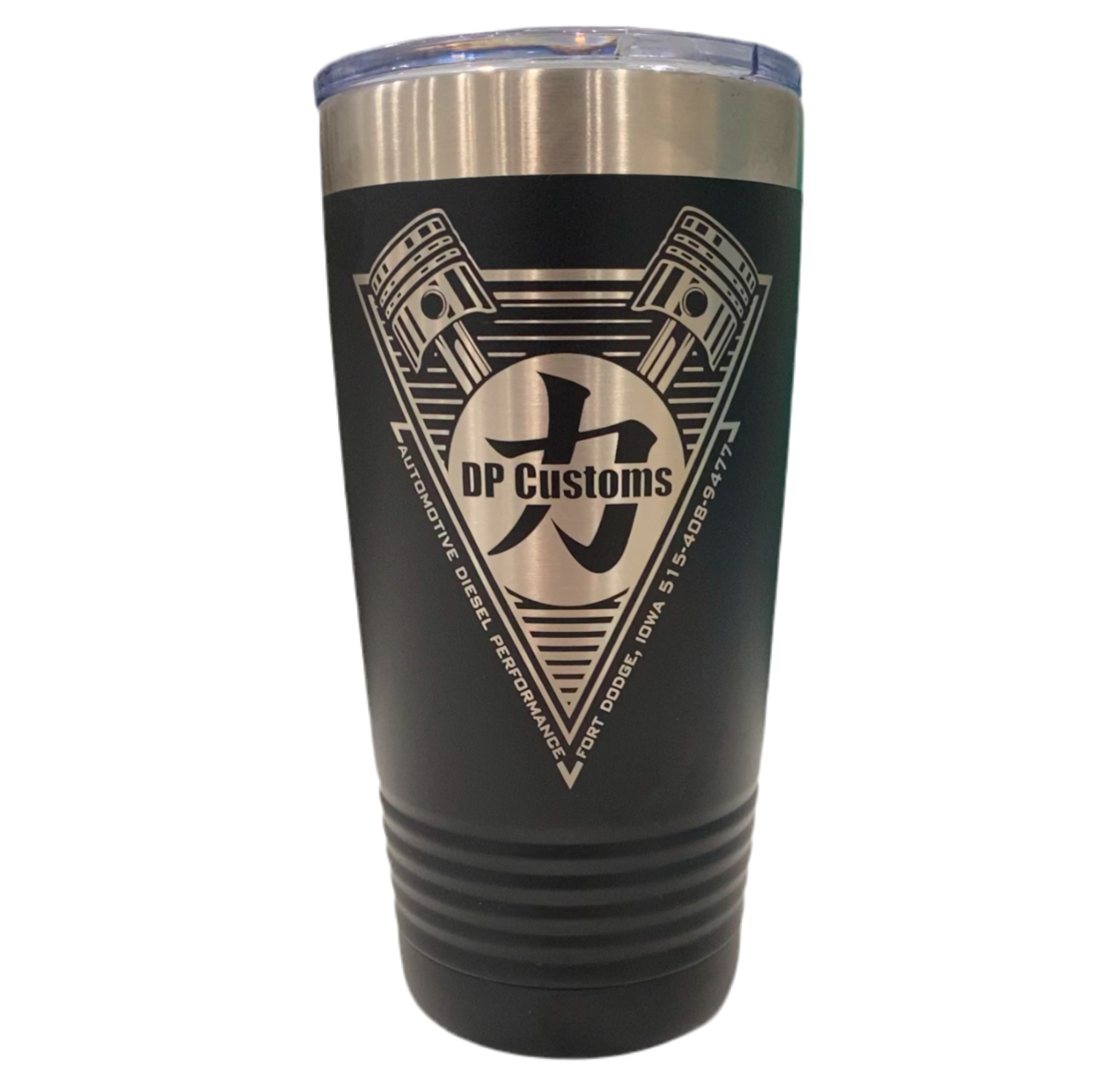 DPC Retro V8 20oz tumbler with vintage engine design by DP Customs, stainless steel travel mug with black lid
