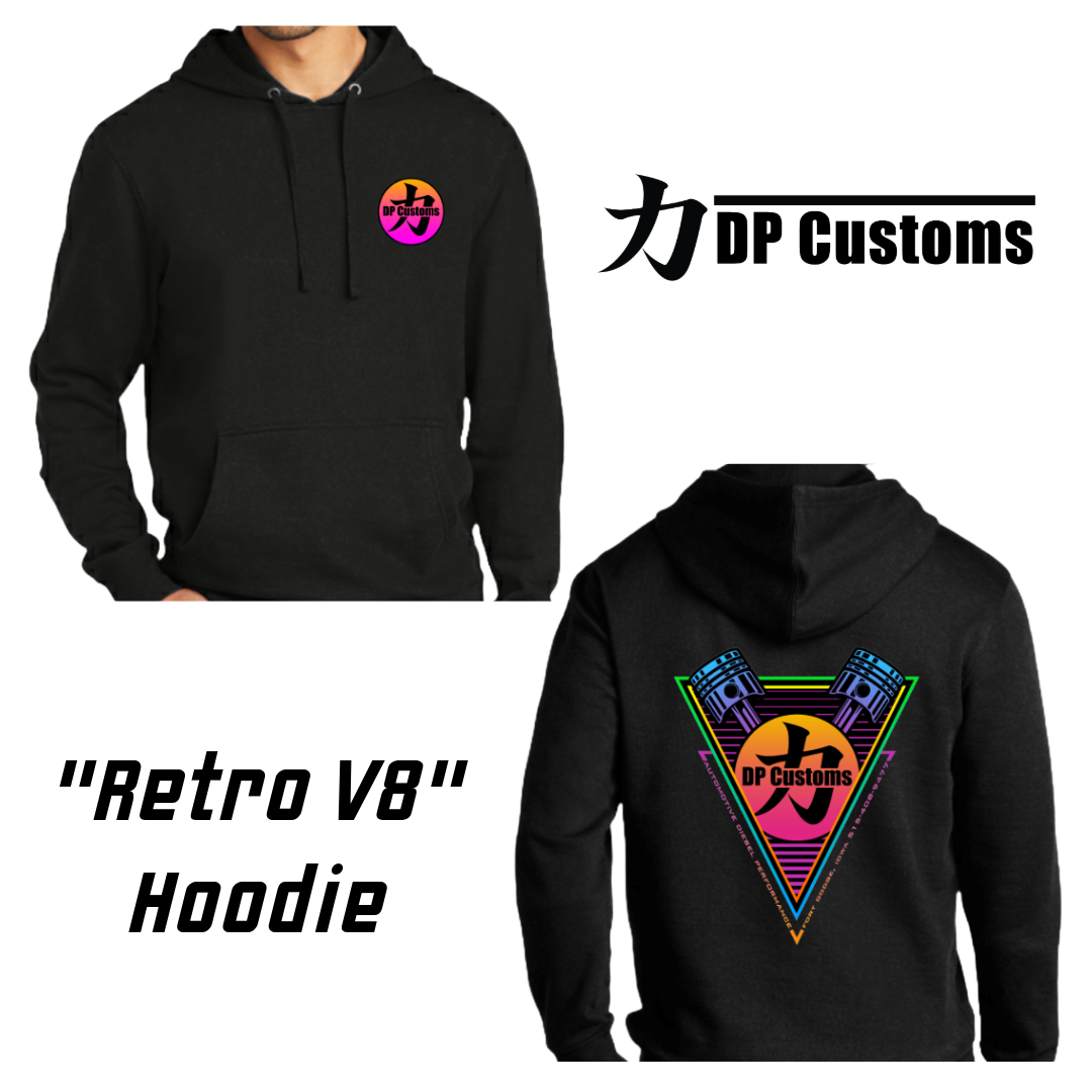 DPC Retro V8 fleece hoodie by DP Customs featuring vintage car design and cozy fleece material in a casual style
