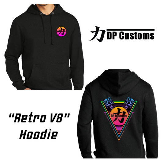 DPC Retro V8 fleece hoodie by DP Customs featuring vintage car design and cozy fleece material in a casual style
