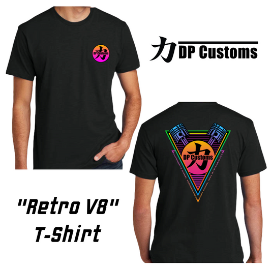 Black DPC Retro V8 T-shirt from DP Customs featuring vintage automotive graphic design on the front.