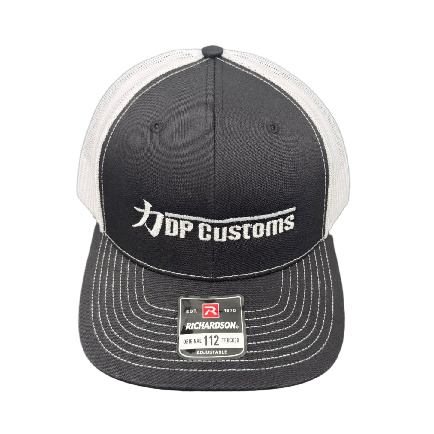 Black DPC Trucker Hat by DP Customs with mesh back and curved brim, featuring the brand logo on the front panel.