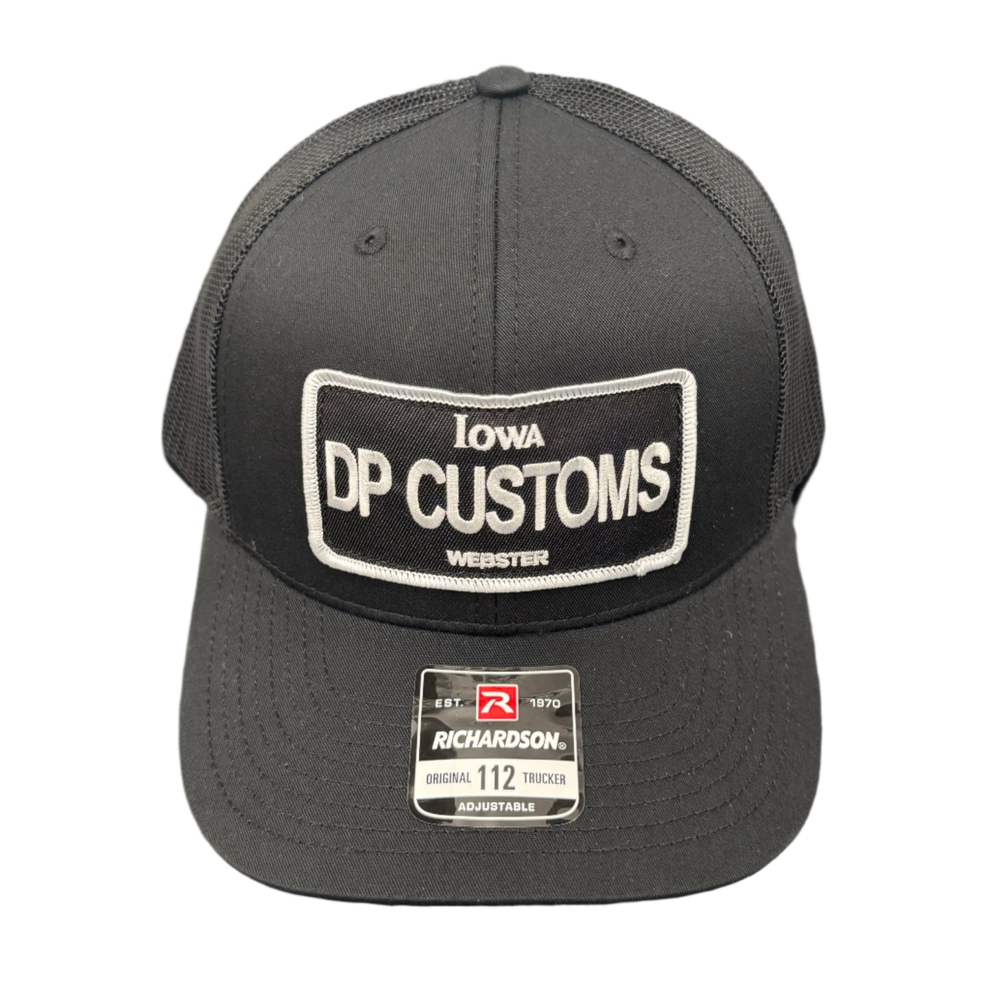 DPC Trucker Hat by DP Customs featuring mesh back and adjustable snap closure with embroidered logo on front.