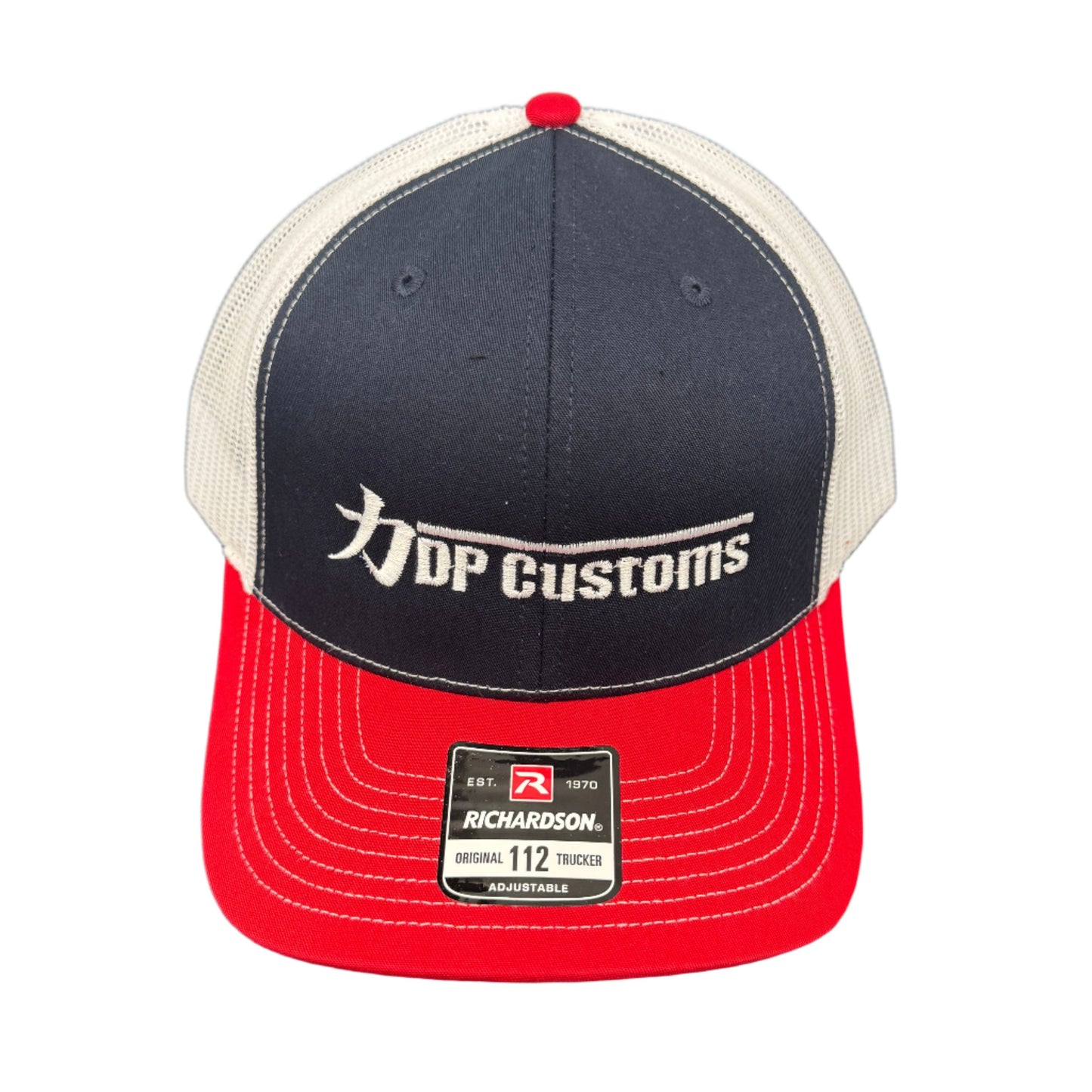 Black DPC Trucker Hat by DP Customs with mesh back and curved brim, featuring the brand logo on the front panel.