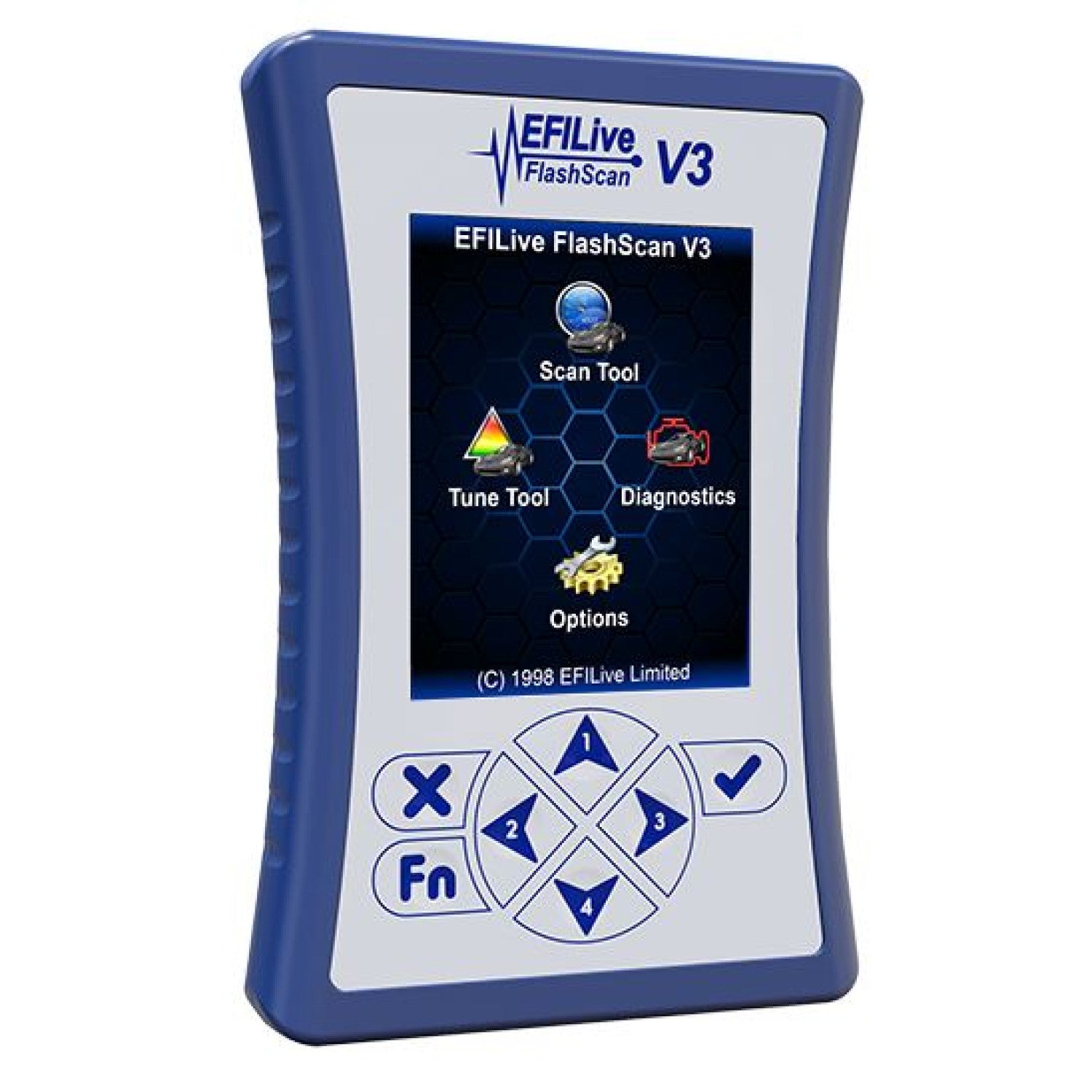 EFI Live V3 Flashscan device by DP Customs with display screen and control buttons for vehicle tuning and diagnostics.
