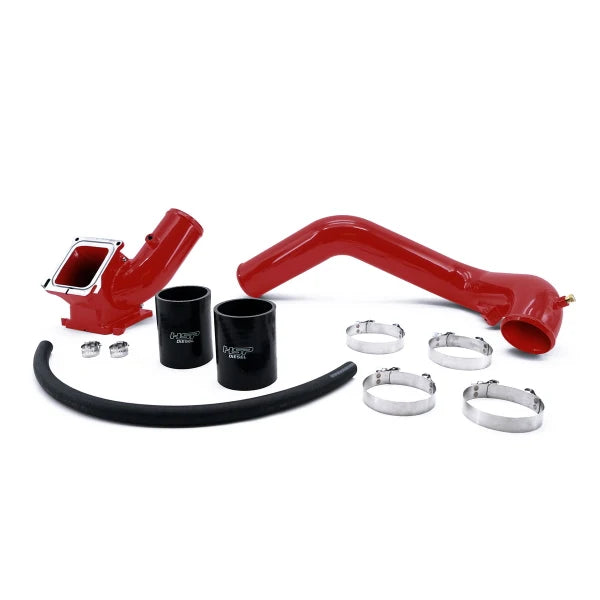 DP Customs HSP LBZ Duramax Cold Side Intercooler Pipe, black metal tube behind engine in Chevy GMC Duramax diesel truck