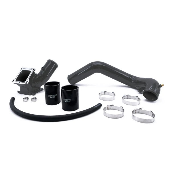 DP Customs HSP LBZ Duramax Cold Side Intercooler Pipe, black metal tube with durable fittings, installed behind the engine for improved airflow.