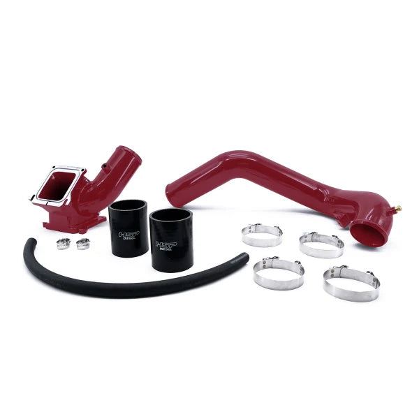 DP Customs HSP LBZ Duramax cold side intercooler pipe installed behind the engine in a Chevy or GMC diesel truck.