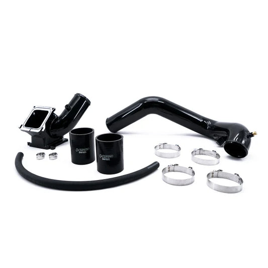 DP Customs HSP LBZ LMM Duramax cold side intercooler pipe installed behind the engine in a Chevy or GMC diesel truck.