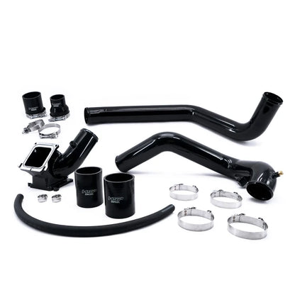 DP Customs HSP LBZ LMM Duramax Intercooler Pipe Kit installed on Chevrolet and GMC trucks, featuring black intercooler charge pipes.