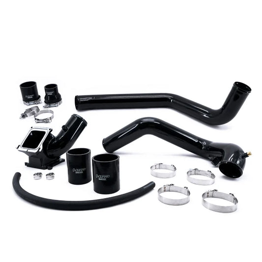 DP Customs HSP LBZ LMM Duramax Intercooler Pipe Kit installed on Chevrolet and GMC trucks, featuring black intercooler charge pipes.