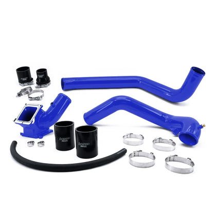 DP Customs HSP LBZ LMM Duramax intercooler pipe kit with candy blue charge pipes on Chevrolet and GMC diesel trucks.