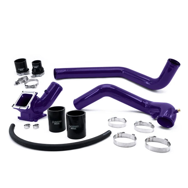 DP Customs HSP LBZ Duramax Intercooler Pipe Kit, purple charge pipe bundle for Chevrolet and GMC trucks, detailed view