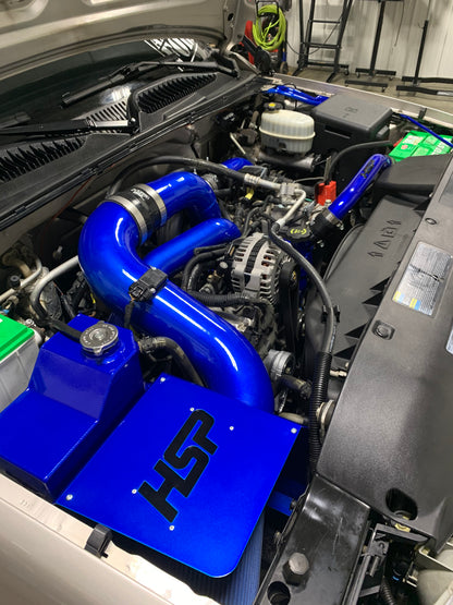DP Customs HSP LLY Duramax intercooler pipe kit with polished metal pipes and hoses, designed for Duramax diesel trucks.