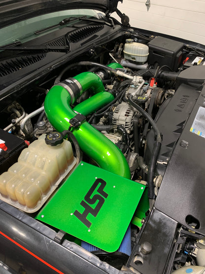 DP Customs HSP LLY Duramax intercooler pipe kit showing polished aluminum pipes with connections and mounting points.