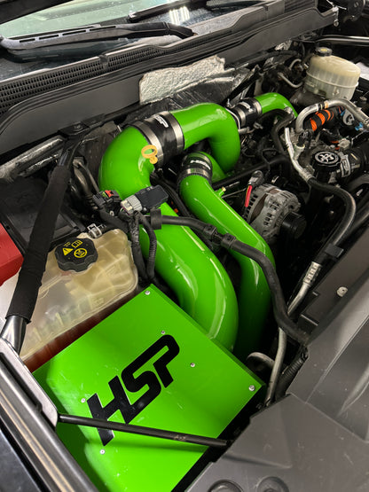 DP Customs HSP LML Duramax Intercooler Pipe Kit installed on a truck, showcasing durable metal intercooler piping for improved performance.