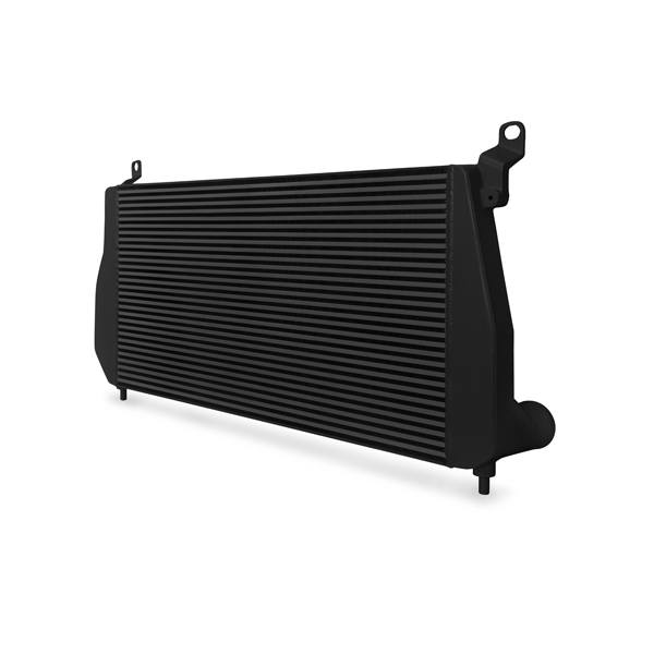 Mishimoto intercooler for 2001-2005 Duramax diesel engine, black aluminum core with inlet and outlet pipes visible.