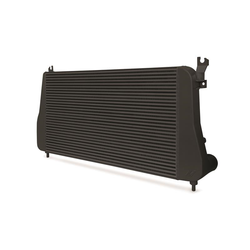 DP Customs Mishimoto intercooler for 2006-2010 Duramax diesel engine, showing the core and end tanks of the automotive intercooler.