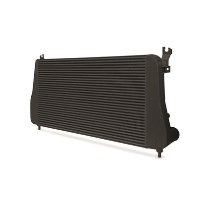 DP Customs Mishimoto intercooler for 2006-2010 Duramax diesel engine, showing the core and end tanks of the automotive intercooler.