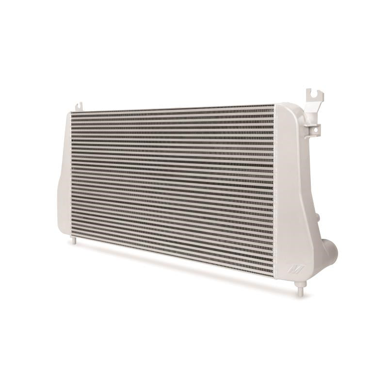 DP Customs Mishimoto intercooler for 2006-2010 Duramax diesel engine, shown installed with visible core and end tanks.