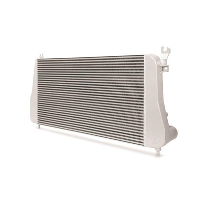 DP Customs Mishimoto intercooler for 2006-2010 Duramax diesel engine, shown installed with visible core and end tanks.