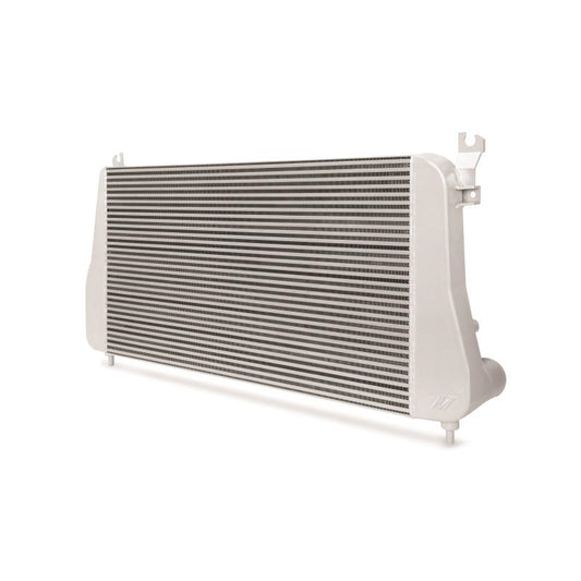 DP Customs Mishimoto intercooler for 2006-2010 Duramax diesel engine, shown installed with visible core and end tanks.
