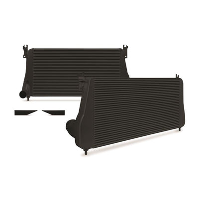 DP Customs Mishimoto intercooler for 2006-2010 Duramax diesel engine, showing the aluminum core and inlet/outlet fittings.