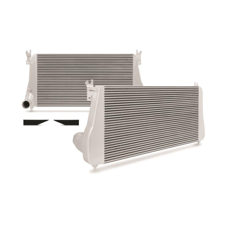 DP Customs Mishimoto intercooler for 2006-2010 Duramax diesel engine, showing the sleek aluminum core and inlet/outlet connections.