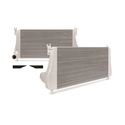 DP Customs Mishimoto intercooler for 2006-2010 Duramax diesel engine, showing the sleek aluminum core and inlet/outlet connections.