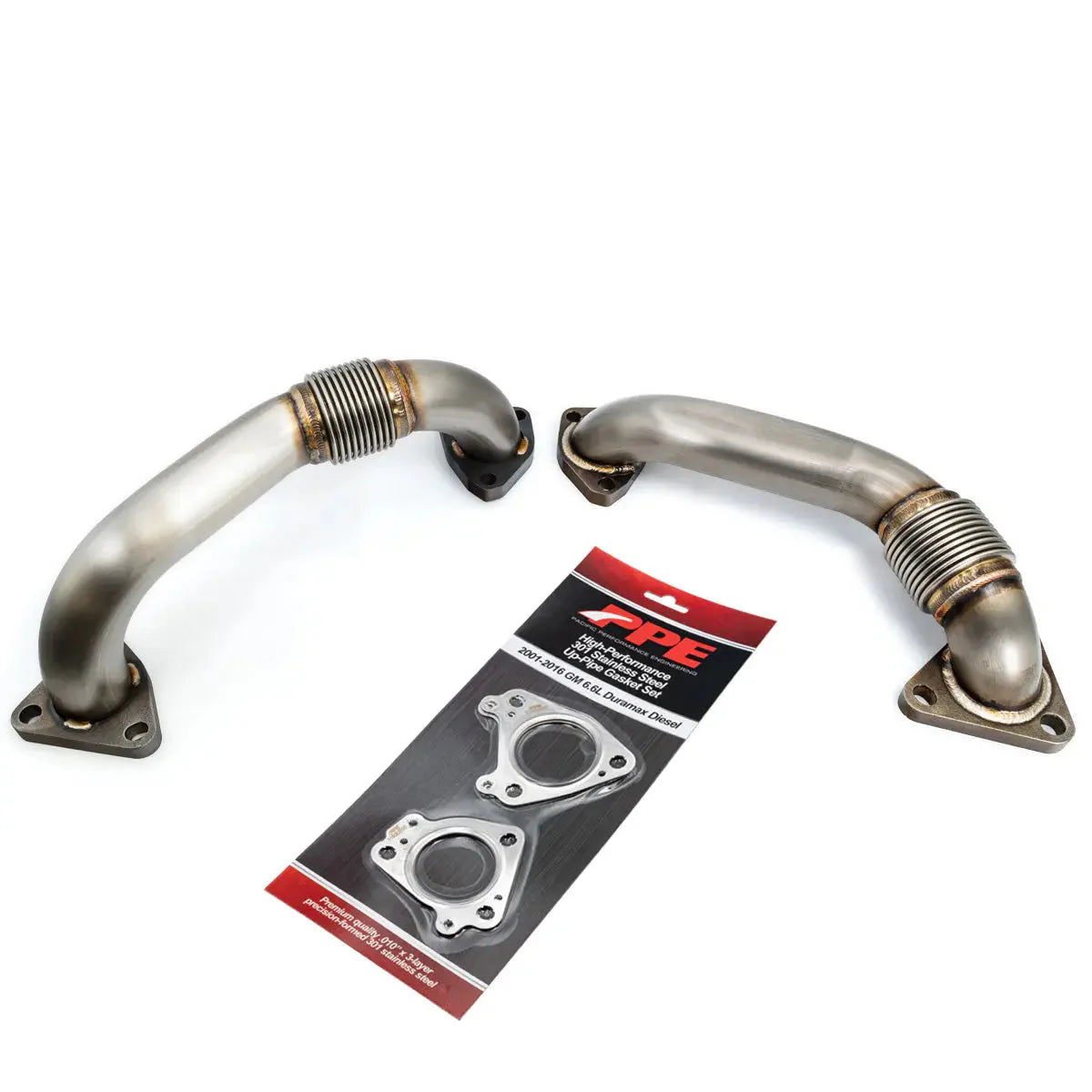 DP Customs PPE OEM Length High Flow Up-Pipes for 2001-2004 Duramax diesel engine, showing shiny stainless steel piping.