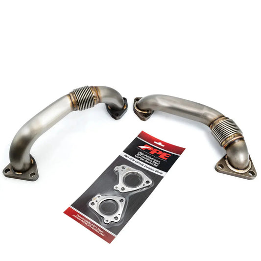 DP Customs PPE OEM Length High Flow Up-Pipes for 2001-2004 Duramax diesel engine, showing shiny stainless steel piping.