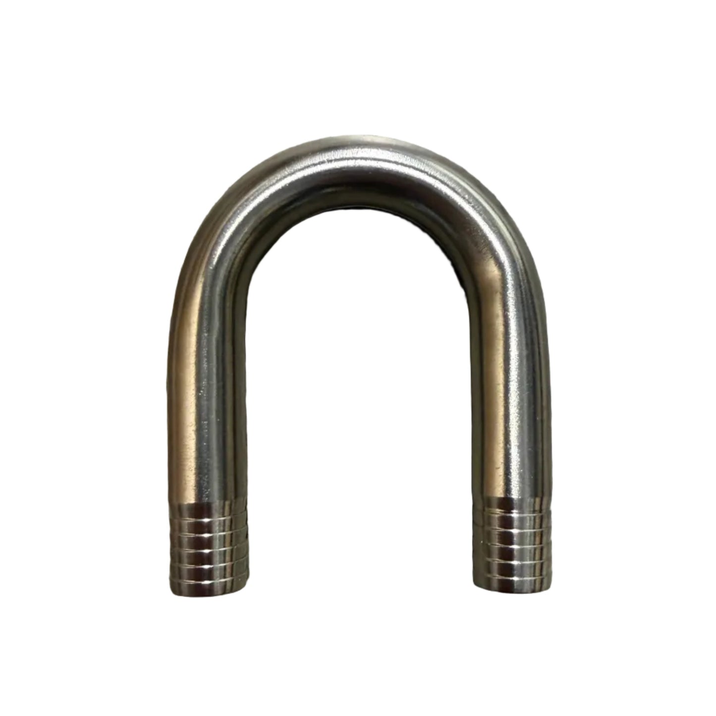 Stainless 1/2 U barb fitting from DP Customs, showing a close-up of the durable, polished metal fitting for plumbing or fluid transfer.