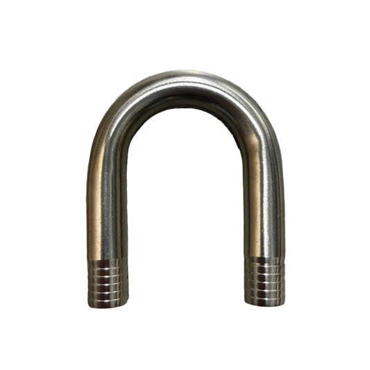 Stainless 1/2 U barb fitting from DP Customs, showing a close-up of the durable, polished metal fitting for plumbing or fluid transfer.
