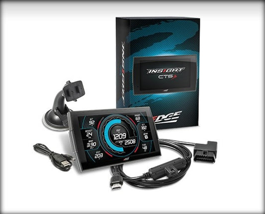 Edge Products INSIGHT CTS3 touchscreen monitor showing digital gauges and data display on a vehicle dashboard.