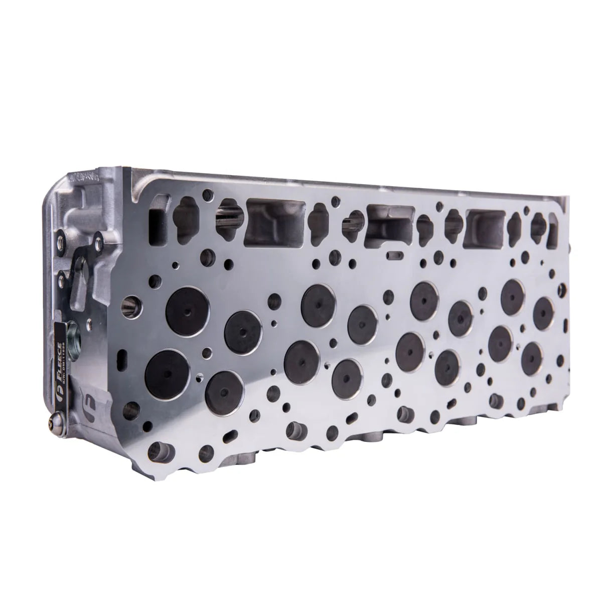 Fleece Performance LB7 Cupless Cylinder Heads in black, showcasing detailed metal construction and bolt holes for engine installation.