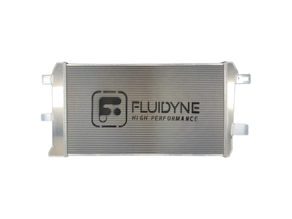Fluidyne aluminum radiator with 5-row extruded tube design for 2001-2019 Duramax diesel trucks, showcasing the high-performance cooling system.