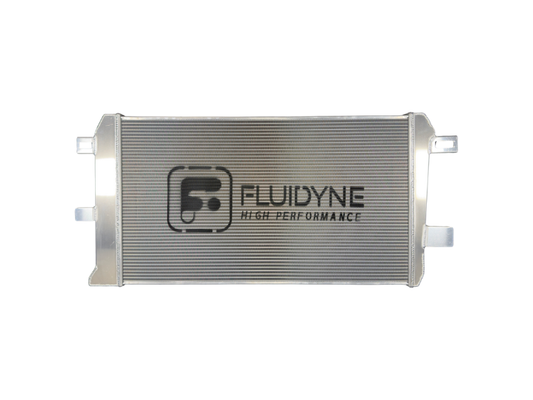 Fluidyne aluminum radiator with 5-row extruded tube design for 2001-2019 Duramax diesel trucks, showcasing the high-performance cooling system.