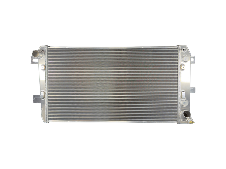 Fluidyne aluminum radiator for 2001-2019 Duramax 5-row extruded tube cooling system, shown with detailed fins and sturdy construction.