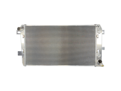 Fluidyne aluminum radiator for 2001-2019 Duramax 5-row extruded tube cooling system, shown with detailed fins and sturdy construction.
