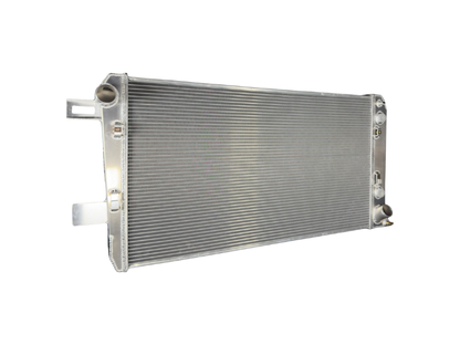 Fluidyne aluminum radiator with 5-row extruded tube design for 2001-2019 Duramax diesel engines, detailed view of core and fins.