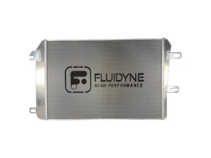 Fluidyne aluminum radiator for Duramax 2001-2019, 5-row extruded tube design with cooling fins and mounting points visible.