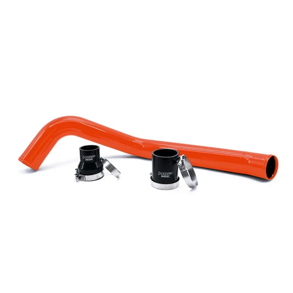 HSP Diesel Duramax hot side intercooler pipe in Bengal orange for Chevrolet and GMC trucks, visible with smooth metal finish.